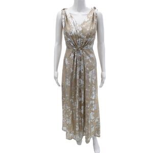 Tahari Levine Women Maxi Dress Beige V Neck Sleeveless Zip 100% Polyester Size 8